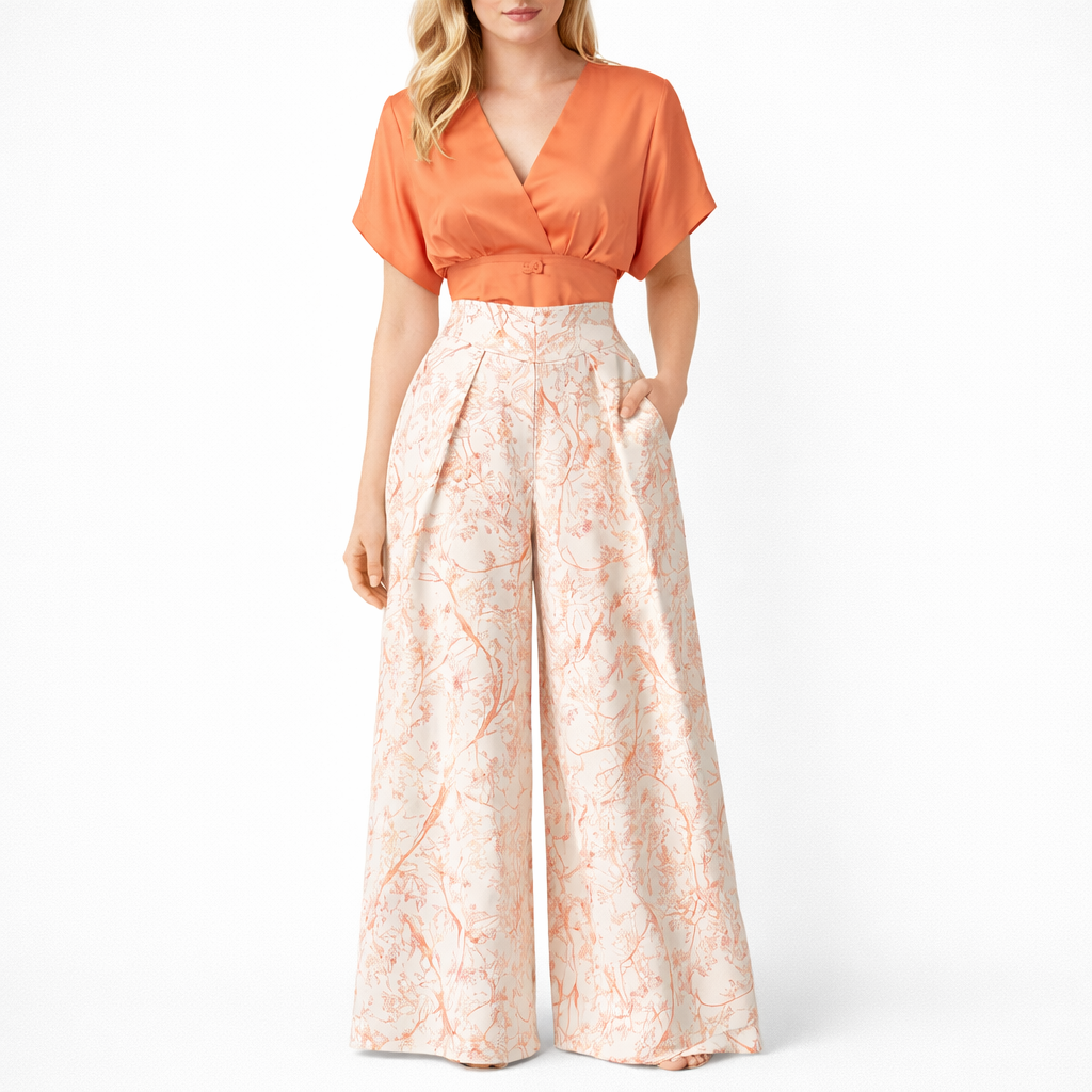 Conjunto de dos piezas con top de manga corta de caída suave y pantalón de pierna ancha con estampado botánico en tonos suaves.