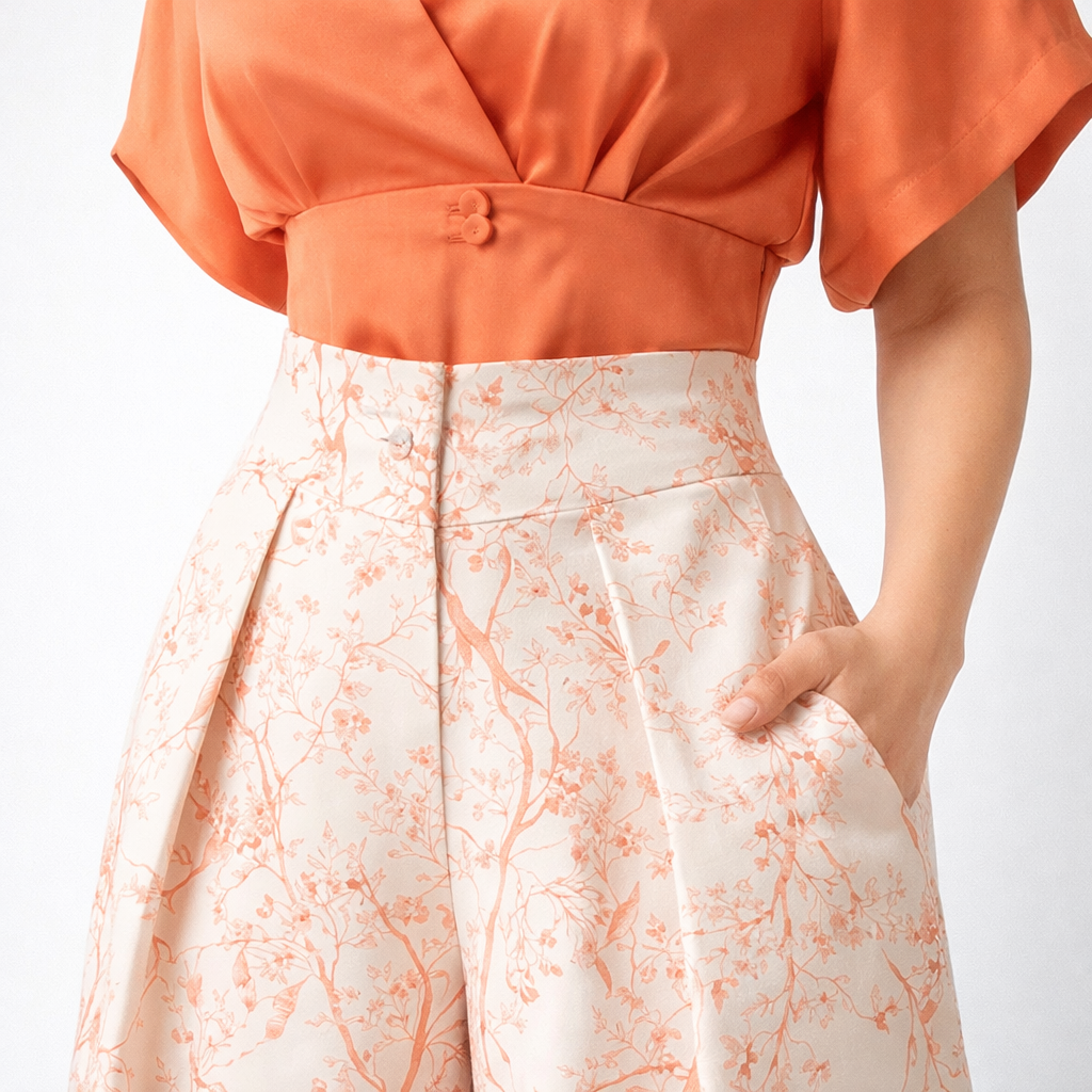 Conjunto de dos piezas con top de manga corta de caída suave y pantalón de pierna ancha con estampado botánico en tonos suaves.