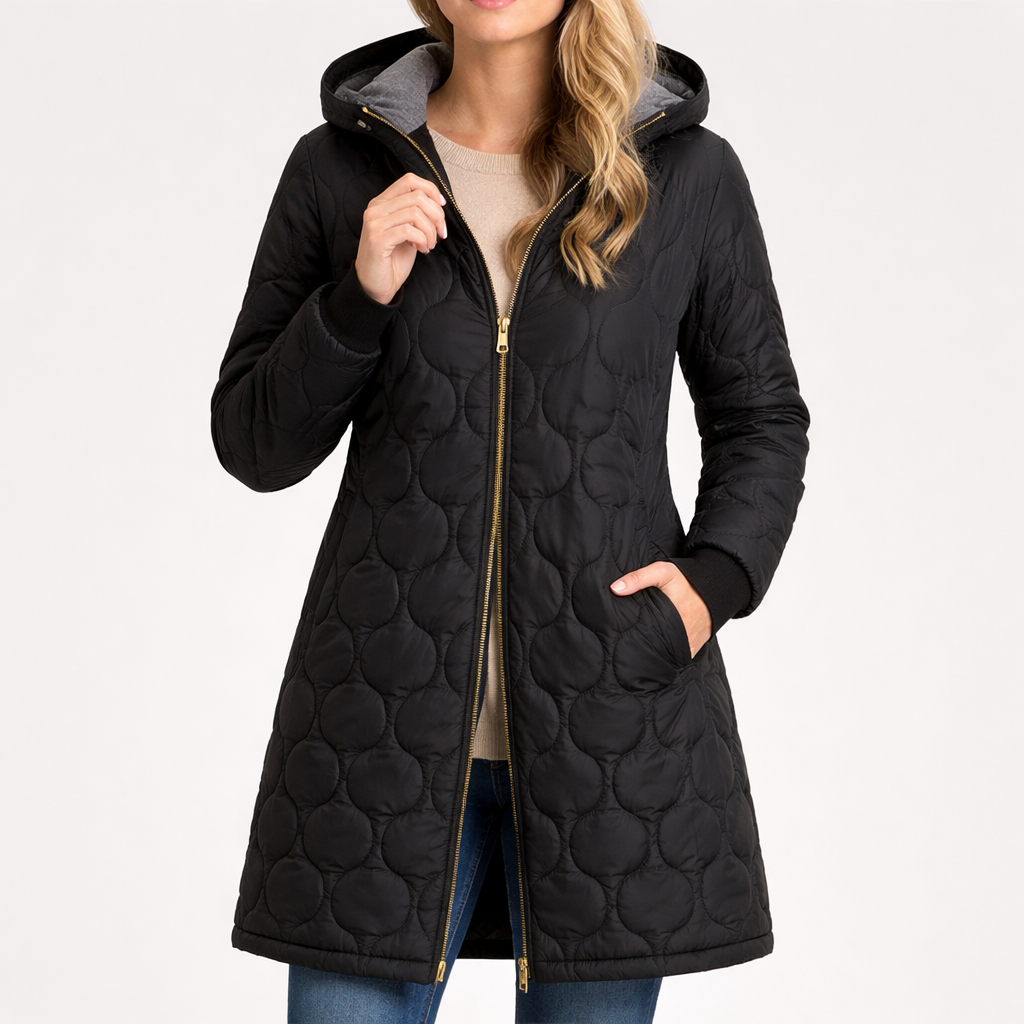 Un abrigo acolchado largo con capucha, cierre frontal con cremallera y puños ajustados.