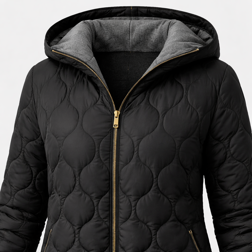 Un abrigo acolchado largo con capucha, cierre frontal con cremallera y puños ajustados.