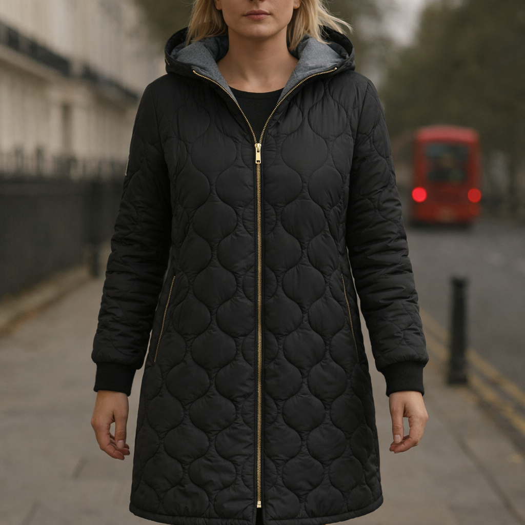 Un abrigo acolchado largo con capucha, cierre frontal con cremallera y puños ajustados.