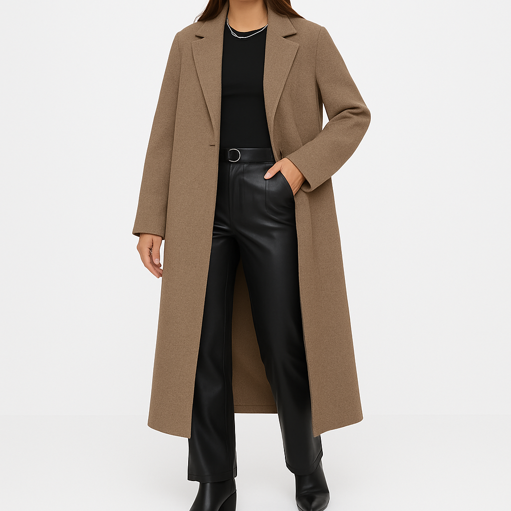 Abrigo entallado largo con solapas estructuradas y silueta recta