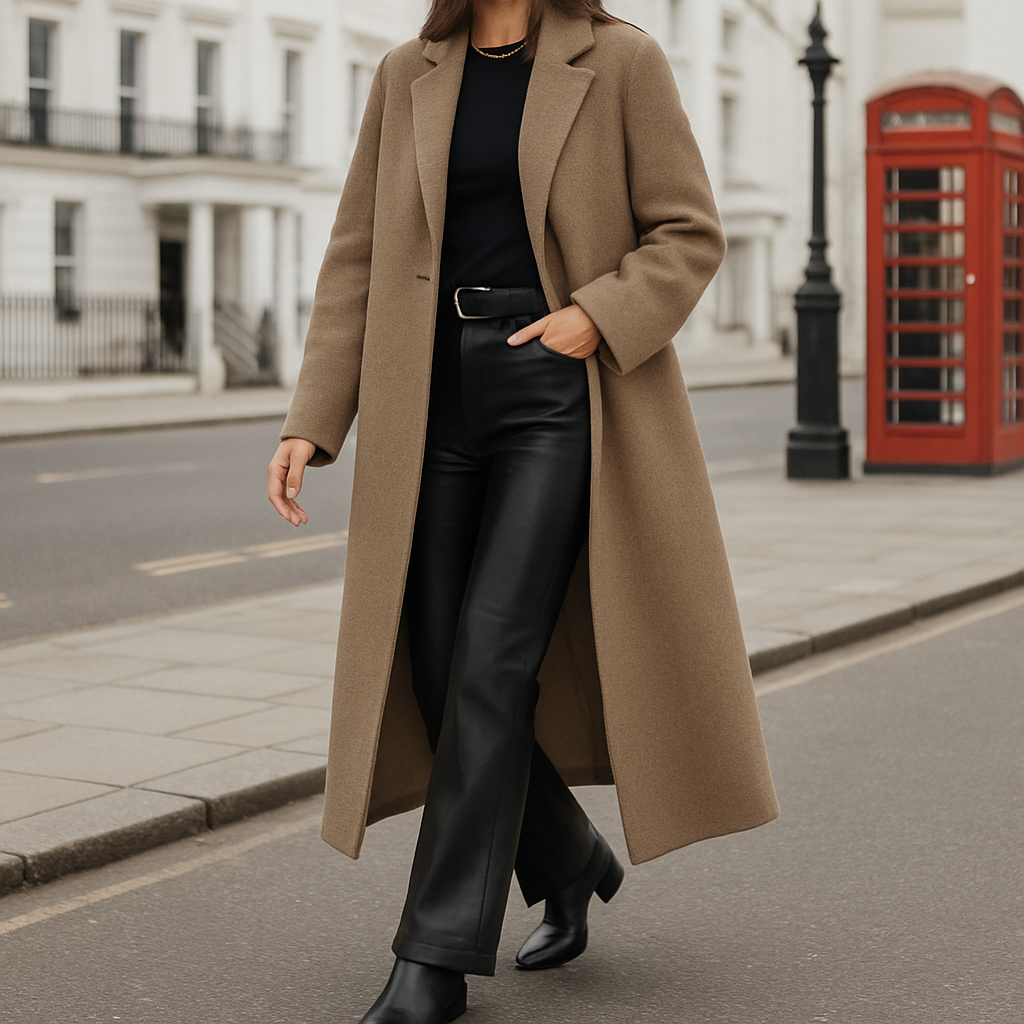 Abrigo entallado largo con solapas estructuradas y silueta recta