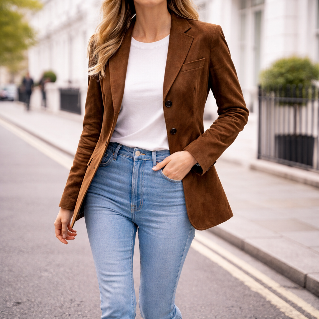 Chaqueta de ante con cierre de botones y cuello clásico para uso diario
