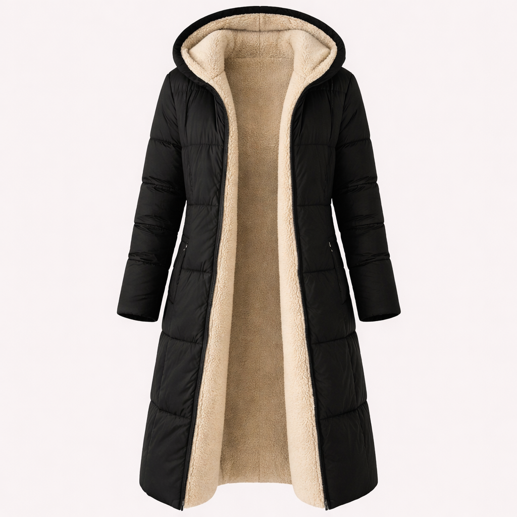 Un abrigo largo acolchado con capucha y forro interior de borrego, abierto al frente.