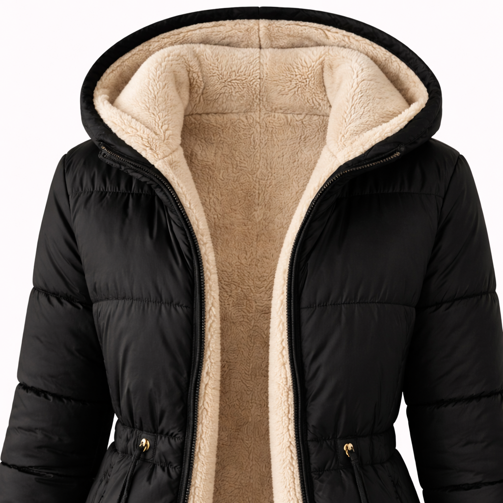 Un abrigo largo acolchado con capucha y forro interior de borrego, abierto al frente.