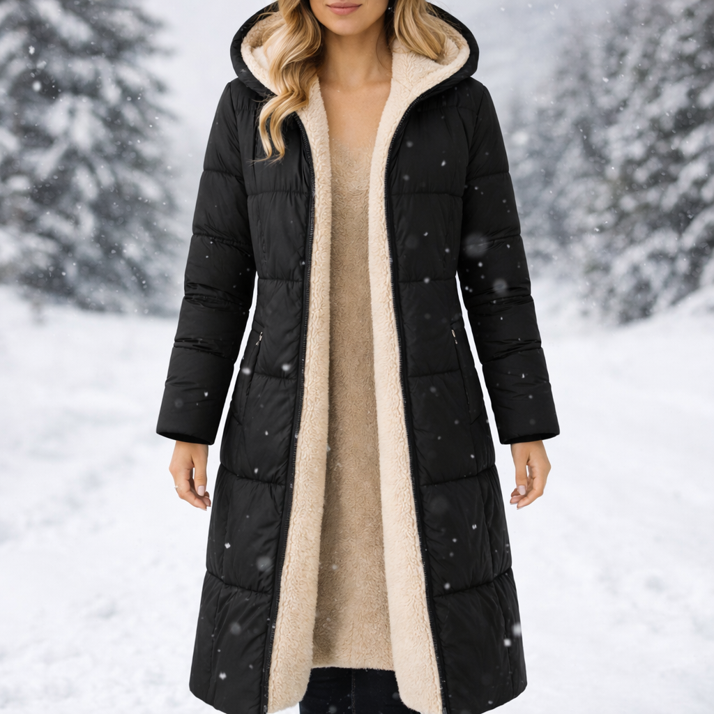 Un abrigo largo acolchado con capucha y forro interior de borrego, abierto al frente.