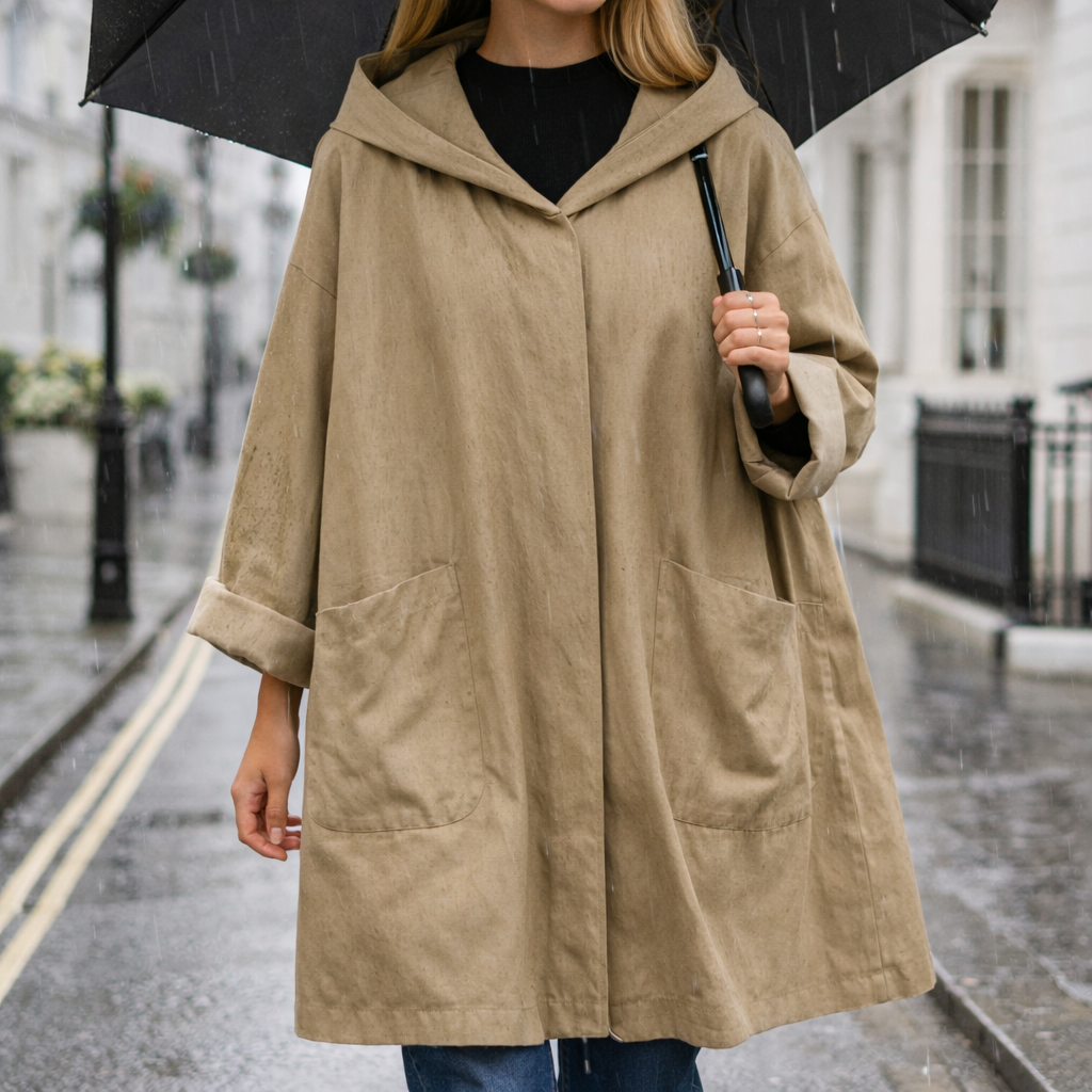 Abrigo largo con capucha y silueta oversized fluida con bolsillos amplios