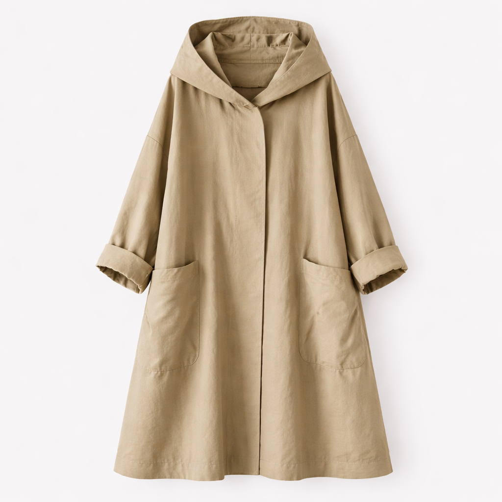Abrigo largo con capucha y silueta oversized fluida con bolsillos amplios