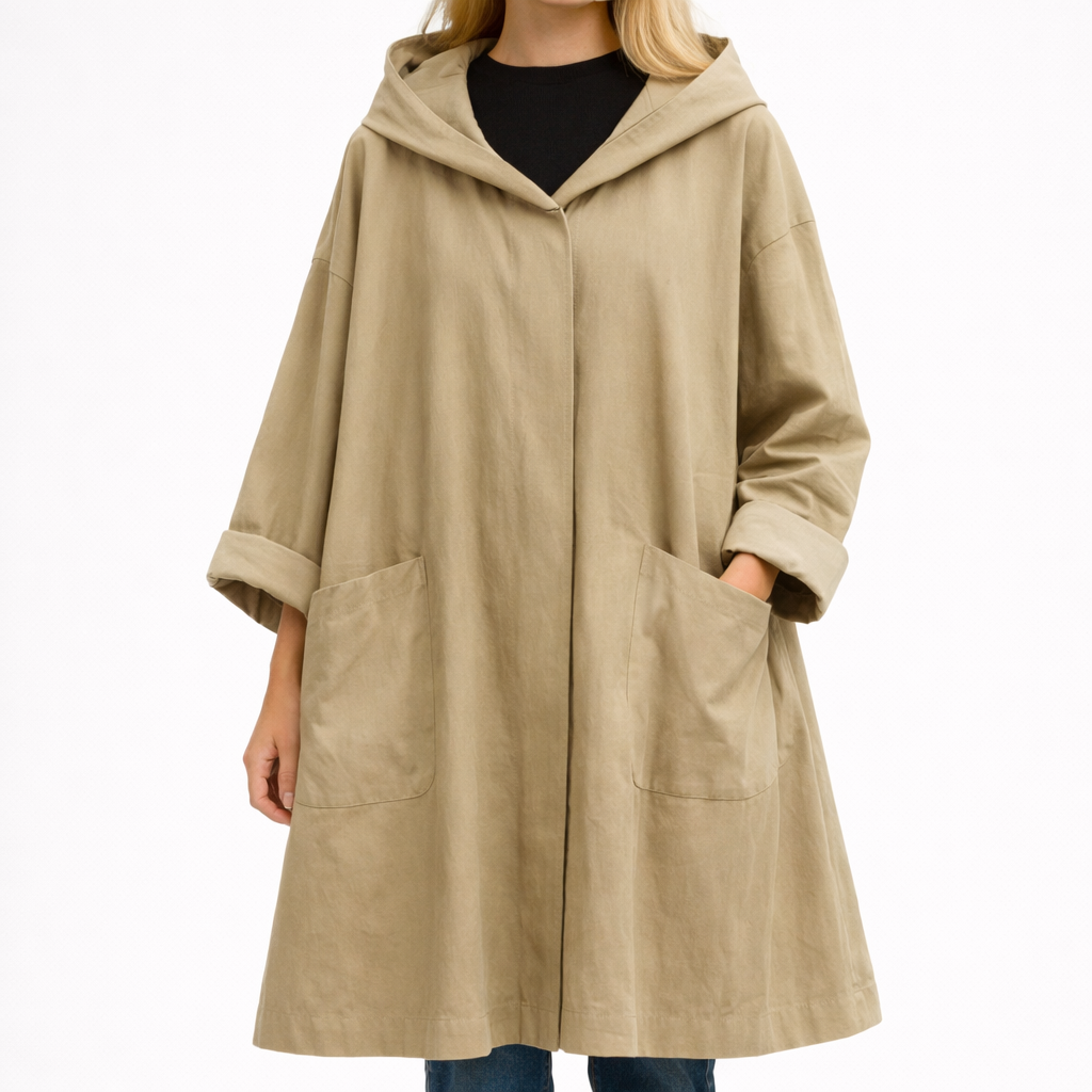 Abrigo largo con capucha y silueta oversized fluida con bolsillos amplios