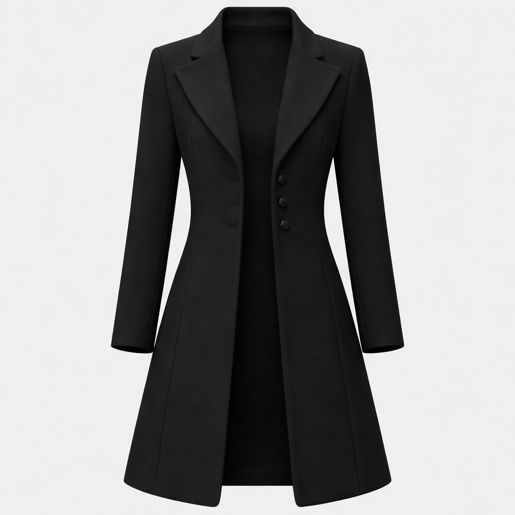 Un abrigo largo de corte elegante con solapas, botones frontales y mangas largas.