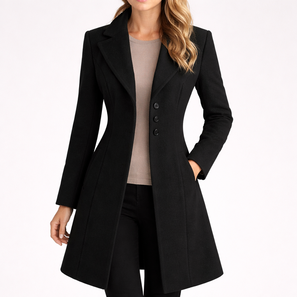 Un abrigo largo de corte elegante con solapas, botones frontales y mangas largas.