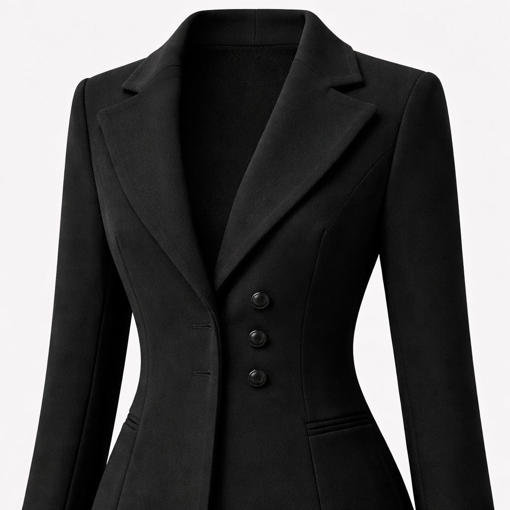 Un abrigo largo de corte elegante con solapas, botones frontales y mangas largas.