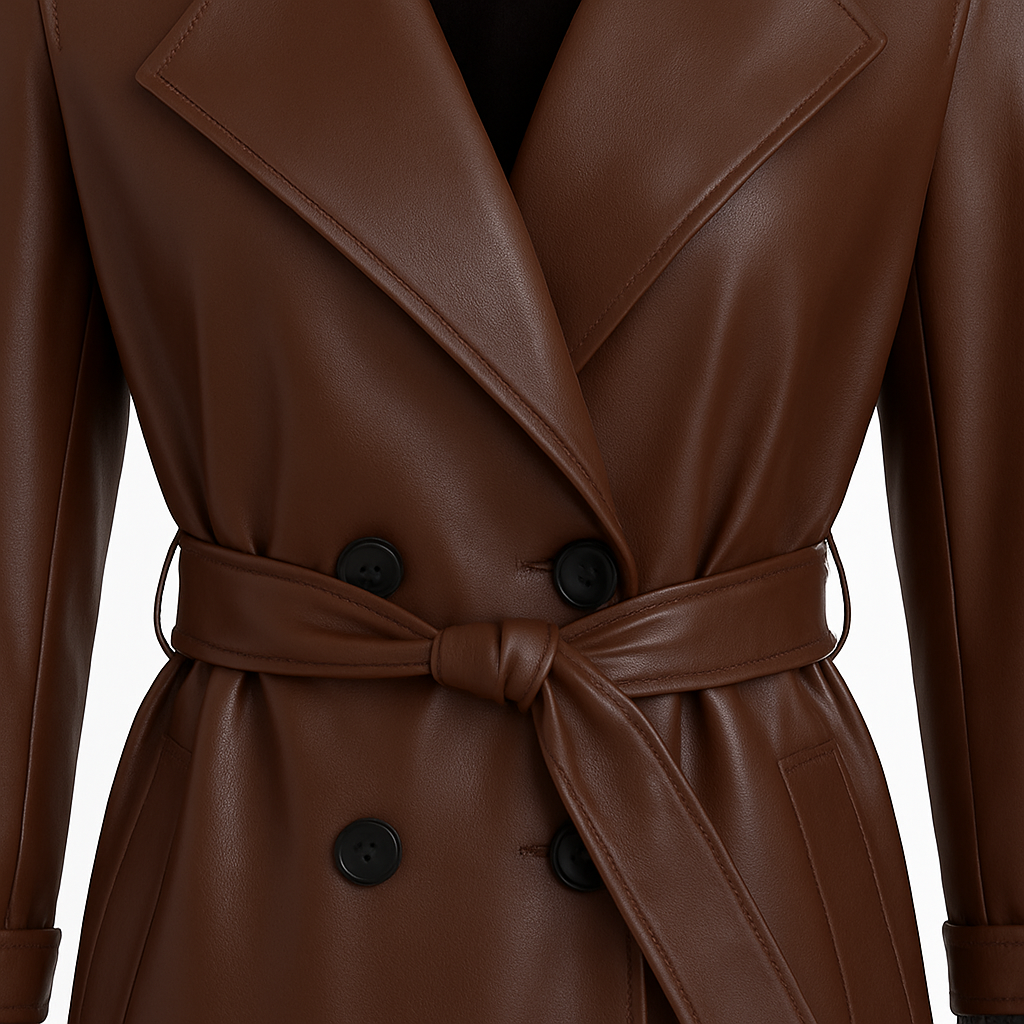 Abrigo trench de piel sintética marrón con cinturón en la cintura, cierre de doble botonadura y solapas anchas