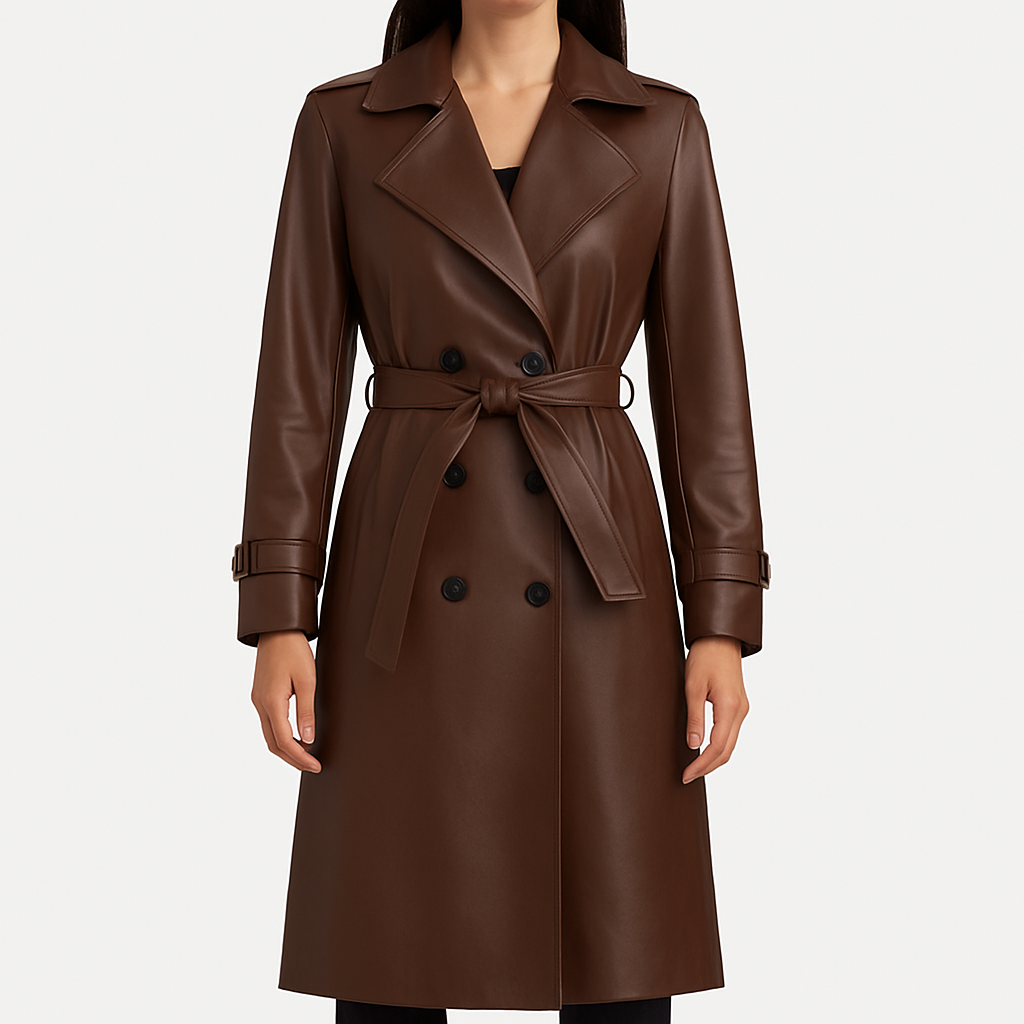 Abrigo trench de piel sintética marrón con cinturón en la cintura, cierre de doble botonadura y solapas anchas