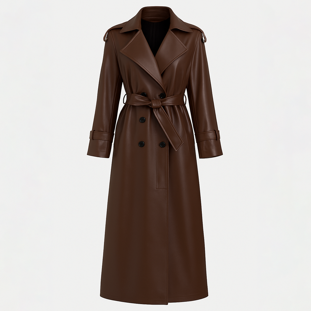 Abrigo trench de piel sintética marrón con cinturón en la cintura, cierre de doble botonadura y solapas anchas