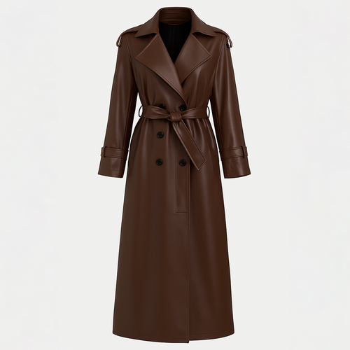 Abrigo trench de piel sintética marrón con cinturón en la cintura, cierre de doble botonadura y solapas anchas