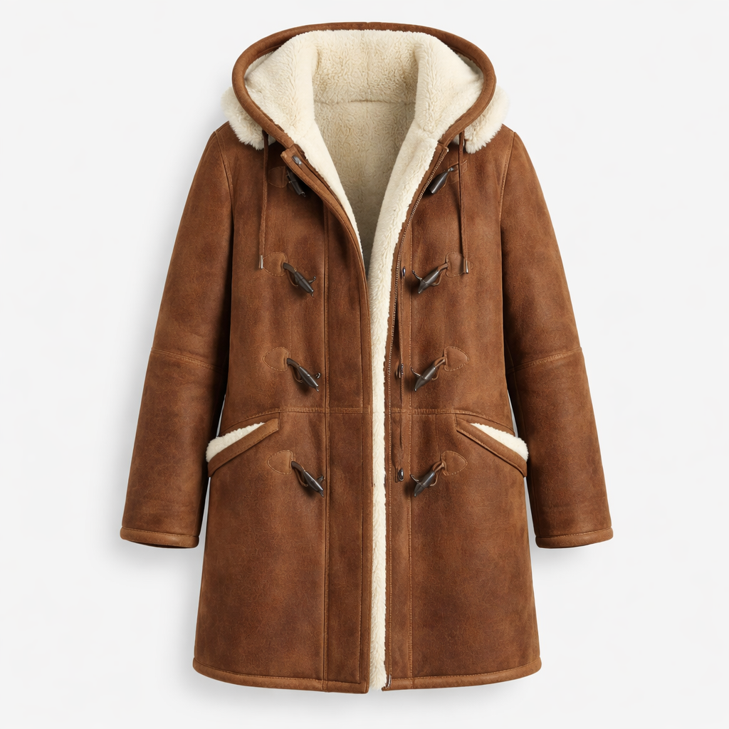 Abrigo con capucha y forro de borrego, con cierres tipo trenca y silueta larga estructurada