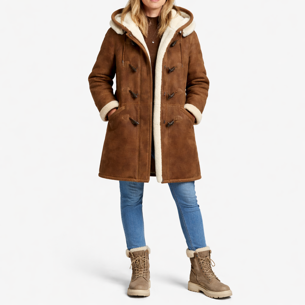 Abrigo con capucha y forro de borrego, con cierres tipo trenca y silueta larga estructurada