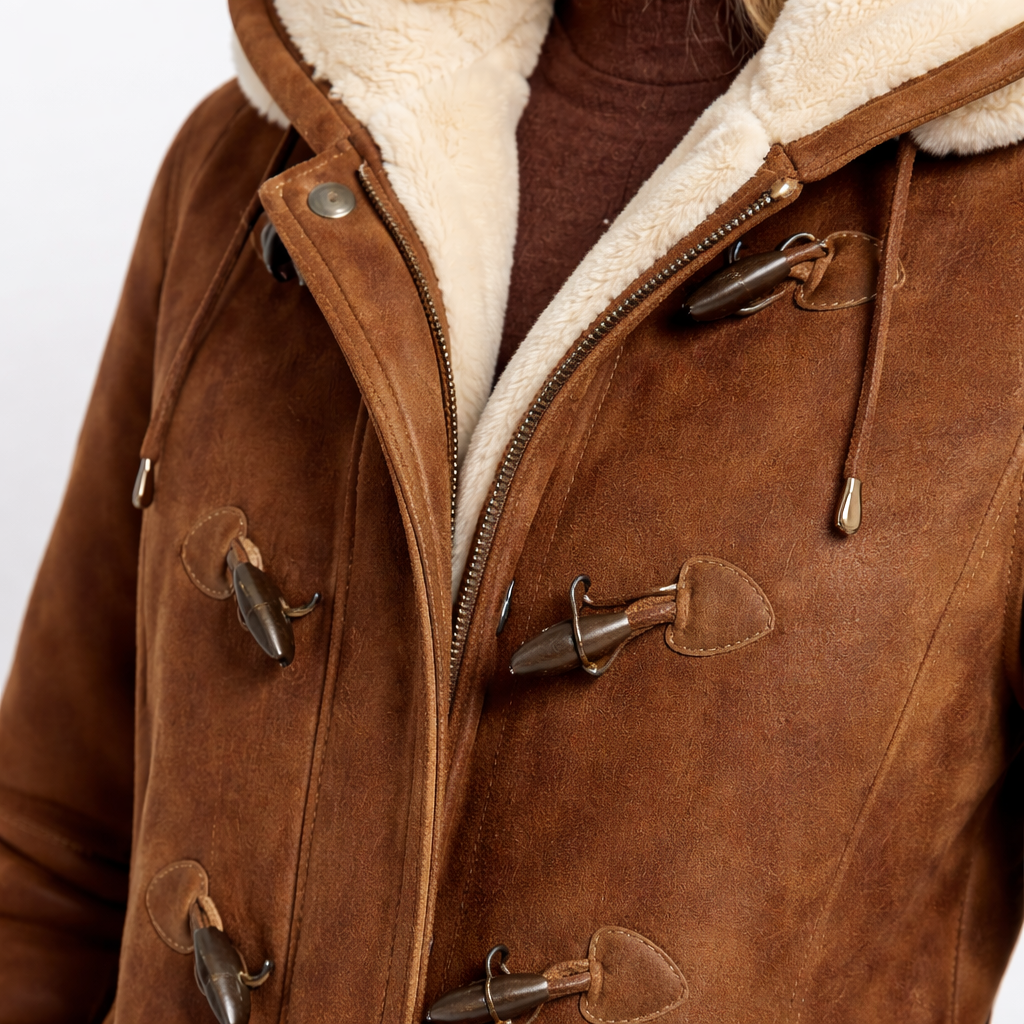 Abrigo con capucha y forro de borrego, con cierres tipo trenca y silueta larga estructurada