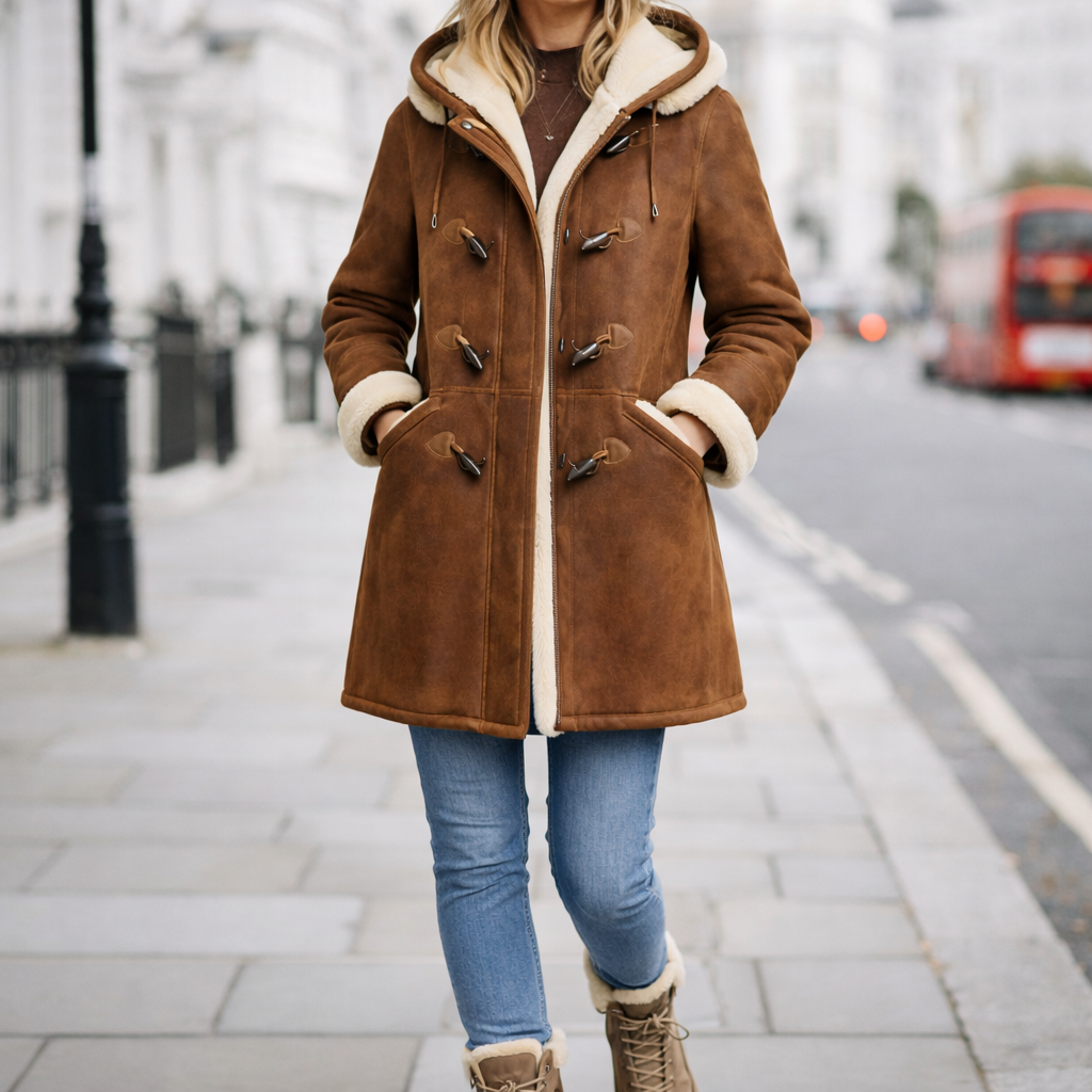 Abrigo con capucha y forro de borrego, con cierres tipo trenca y silueta larga estructurada