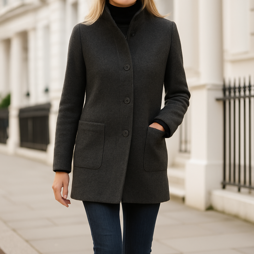 Abrigo de lana con botones frontales, cuello alto y corte estructurado, diseñado para uso diario