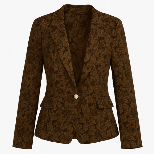 Blazer con textura floral y cierre de un botón, combinado con camiseta blanca y jeans para un look casual elegante