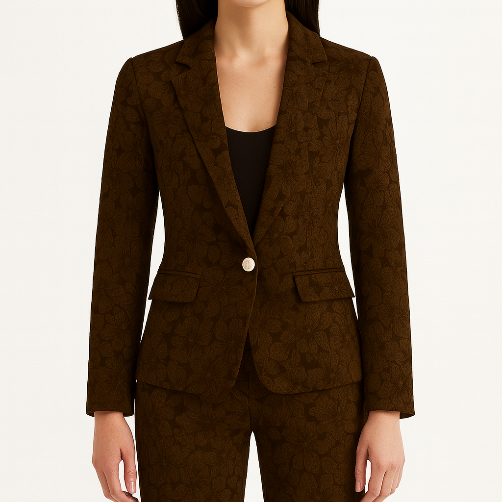 Blazer con textura floral y cierre de un botón, combinado con camiseta blanca y jeans para un look casual elegante