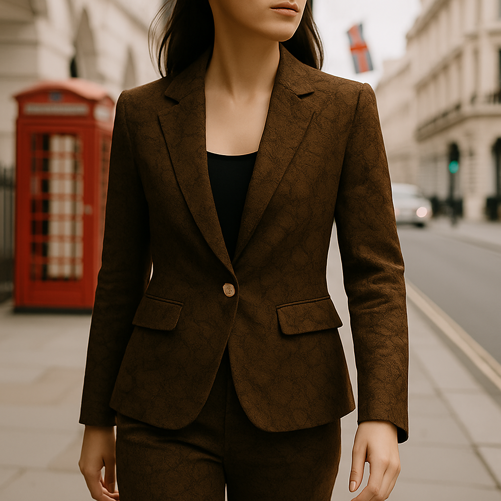 Blazer con textura floral y cierre de un botón, combinado con camiseta blanca y jeans para un look casual elegante
