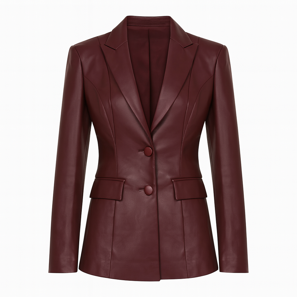 Blazer entallado de cuero sintético con escote profundo y silueta estructurada, diseñado para eventos nocturnos elegantes