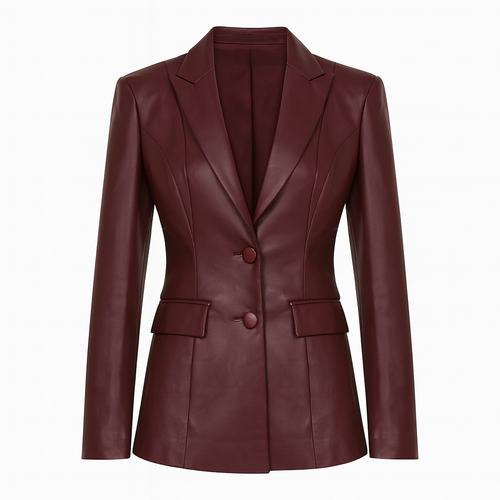 Blazer entallado de cuero sintético con escote profundo y silueta estructurada, diseñado para eventos nocturnos elegantes