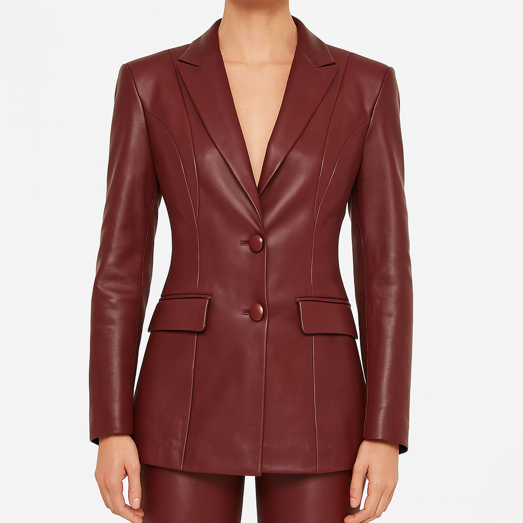 Blazer entallado de cuero sintético con escote profundo y silueta estructurada, diseñado para eventos nocturnos elegantes