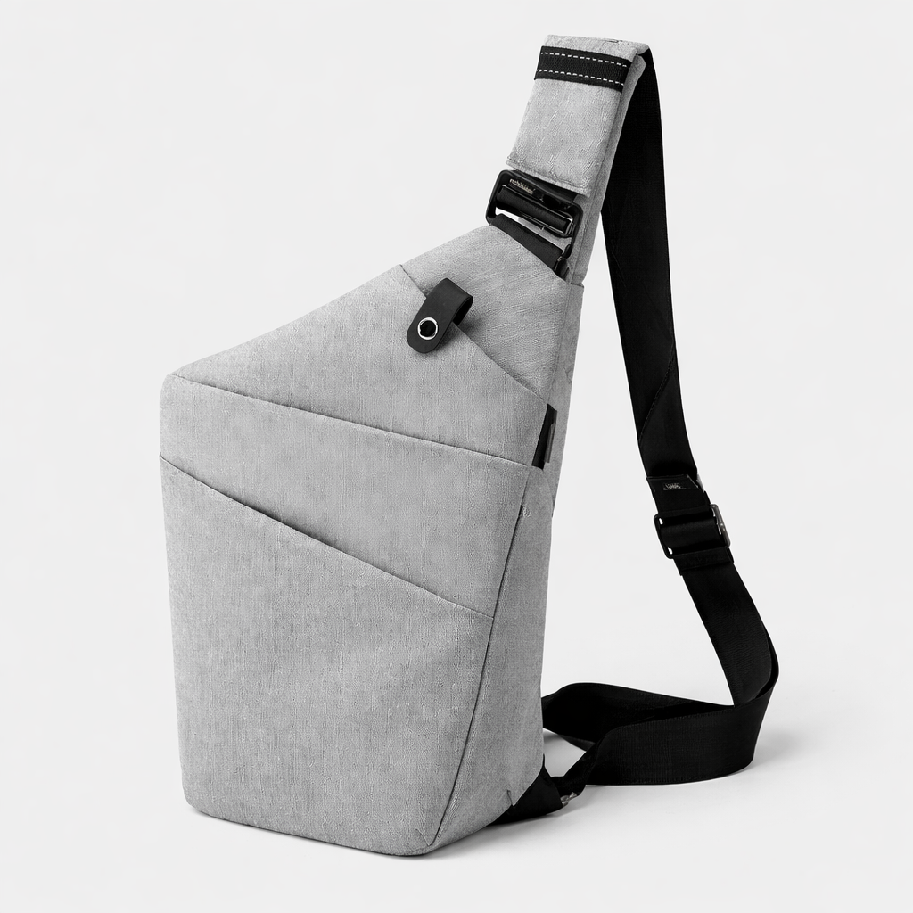 Bolso bandolera estructurado con correa ajustable, cierre con hebilla segura y diseño compacto para uso diario