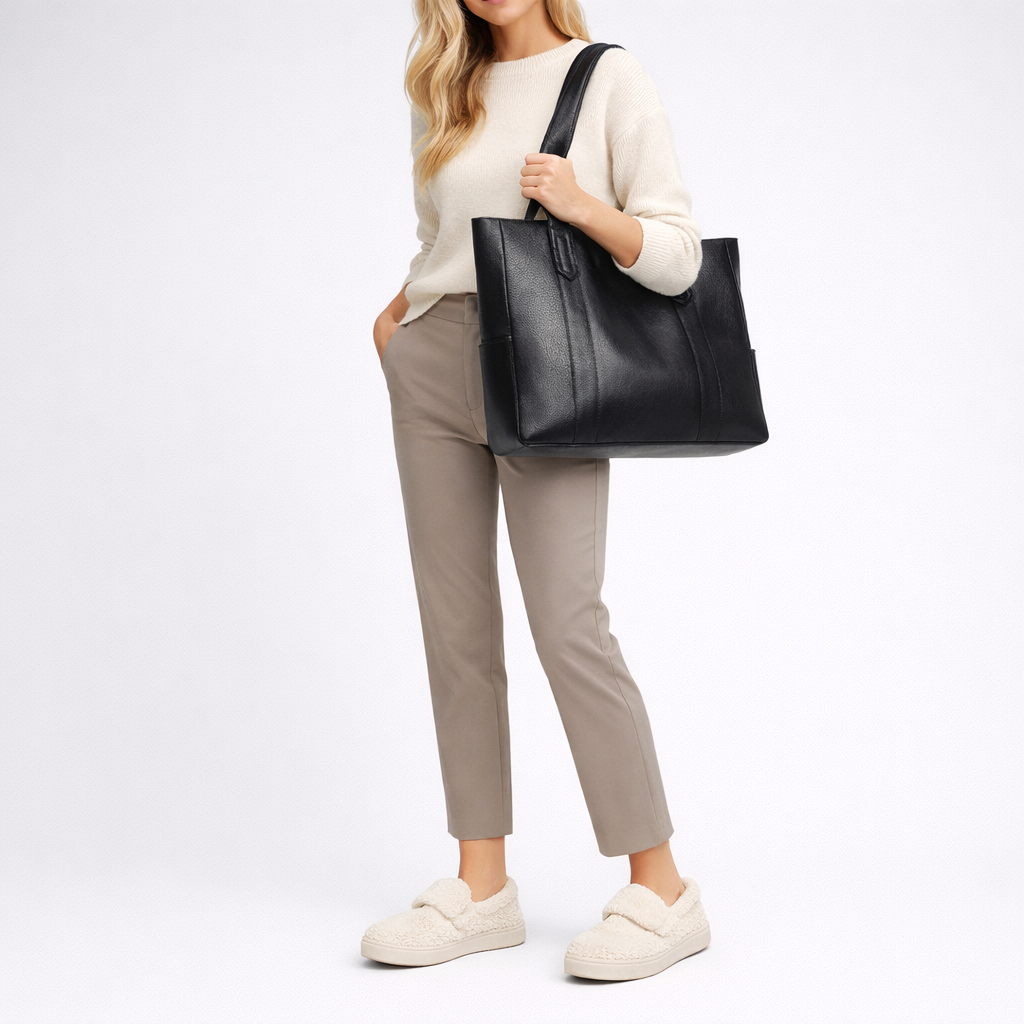 Un bolso tote con asas largas, diseño estructurado y medidas indicadas.