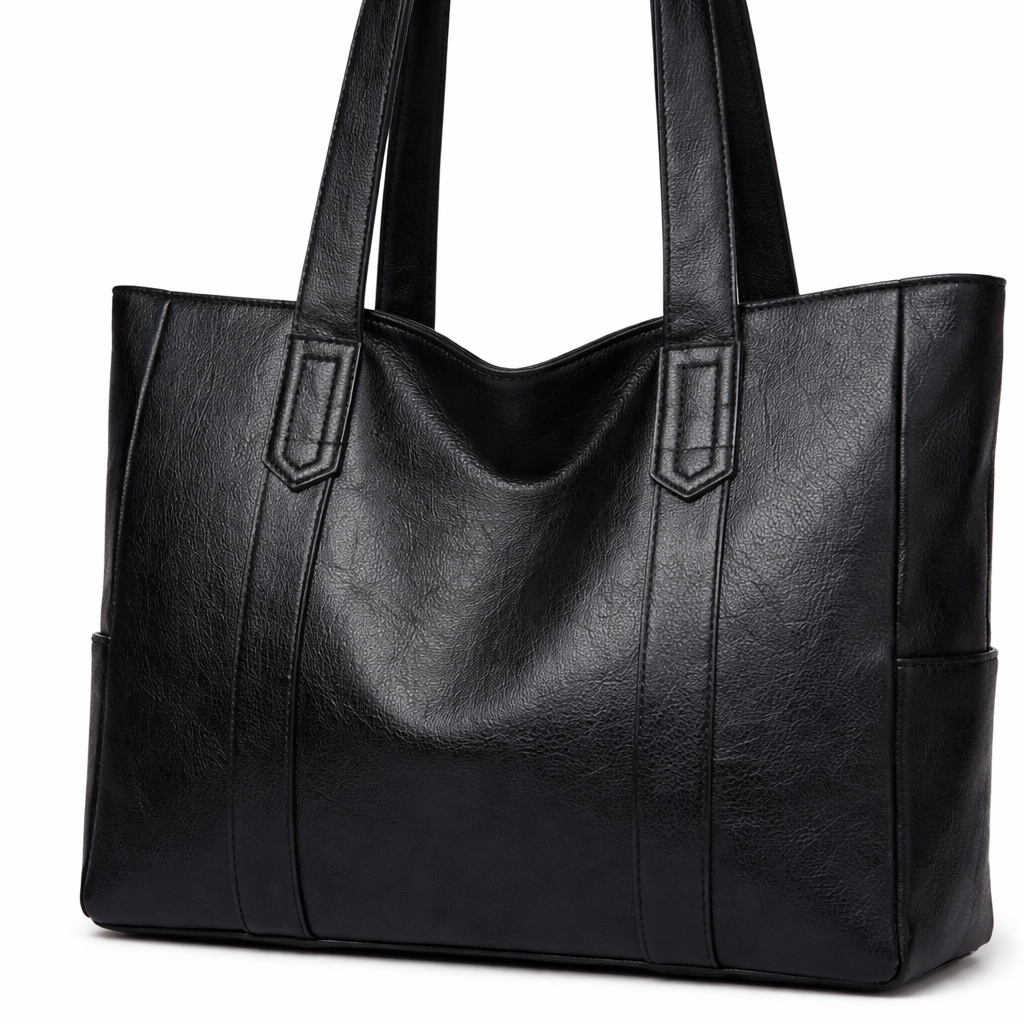 Un bolso tote con asas largas, diseño estructurado y medidas indicadas.