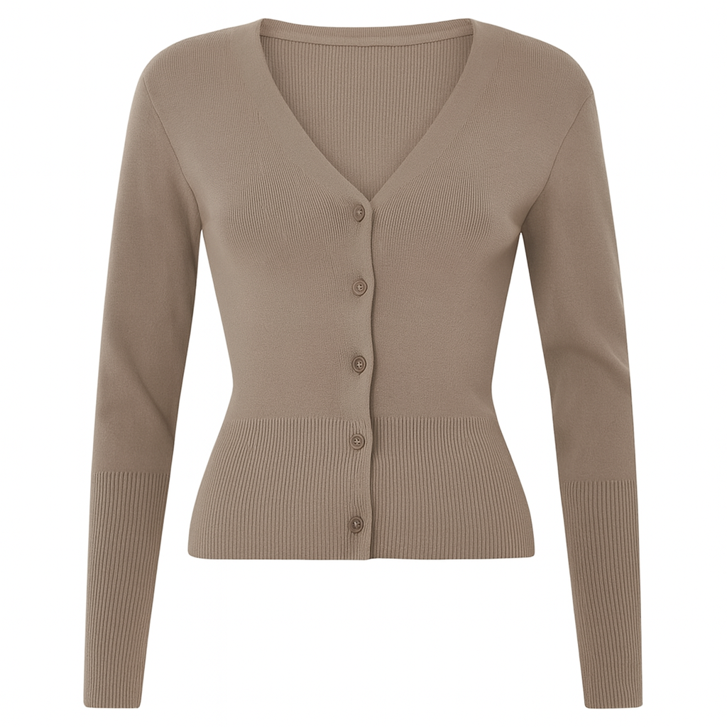 Cárdigan ajustado de punto color topo con escote profundo en V y cierre de botones al frente