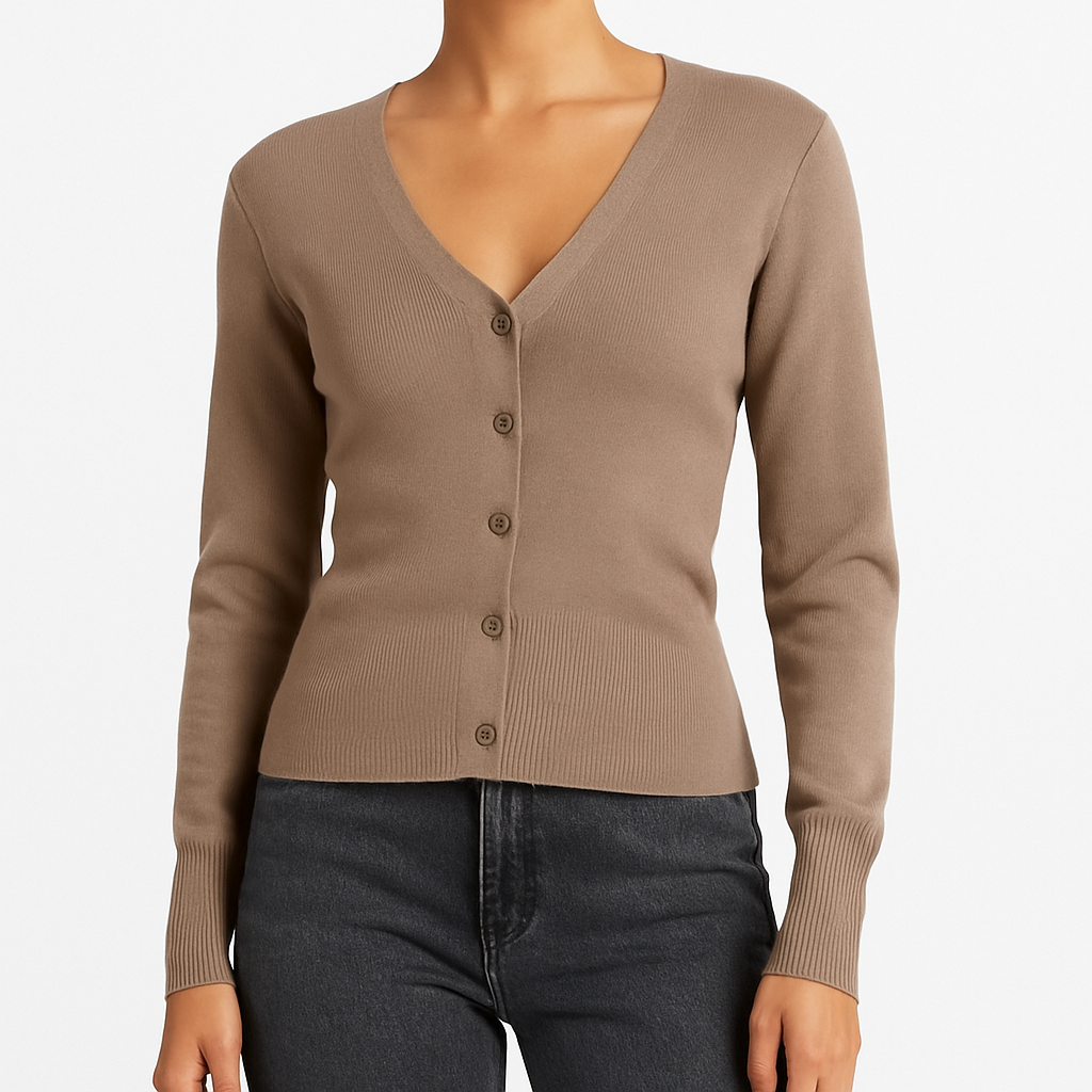 Cárdigan ajustado de punto color topo con escote profundo en V y cierre de botones al frente