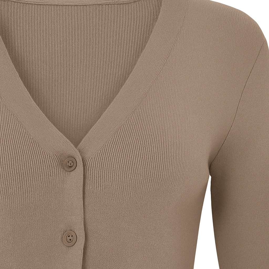 Cárdigan ajustado de punto color topo con escote profundo en V y cierre de botones al frente