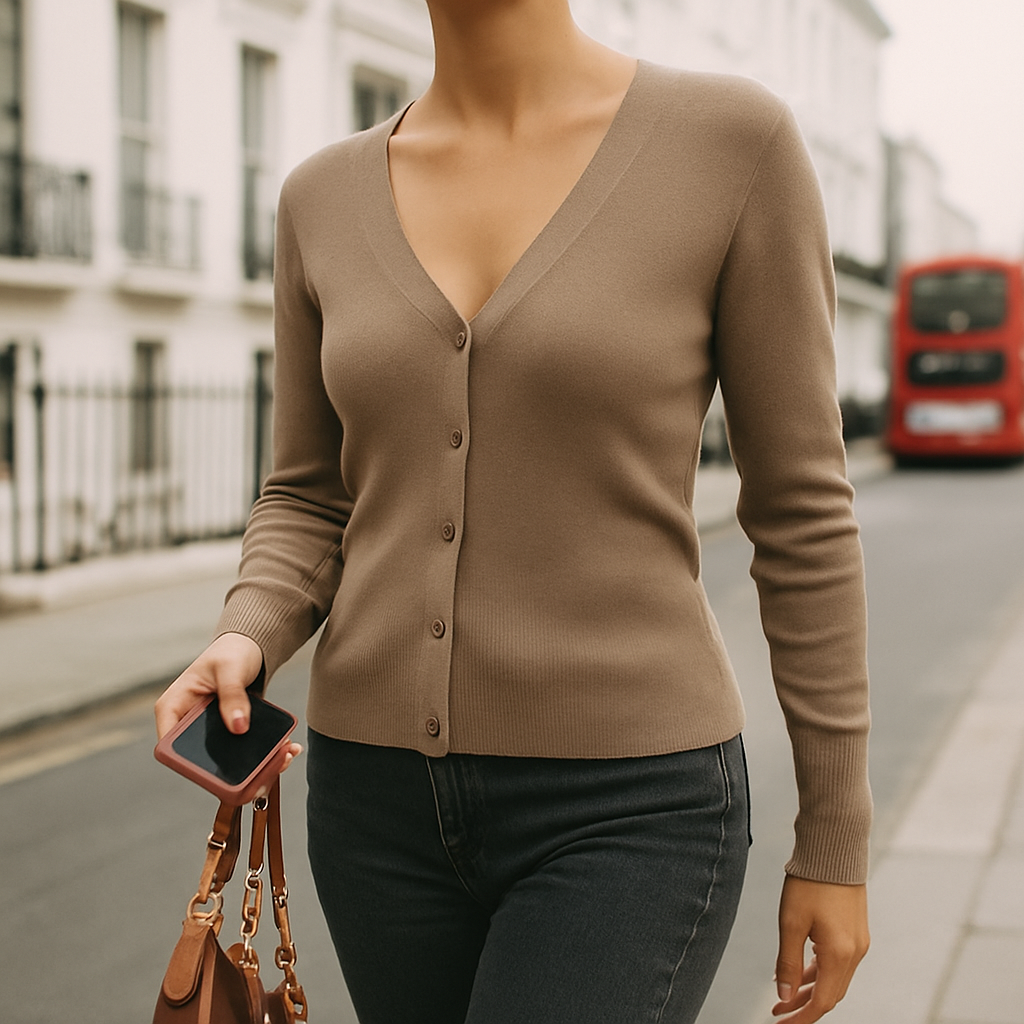 Cárdigan ajustado de punto color topo con escote profundo en V y cierre de botones al frente