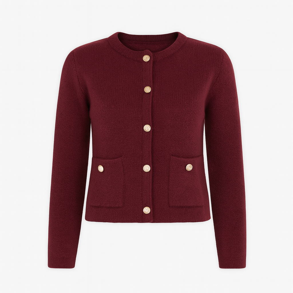Cárdigan de punto burdeos con botones dorados, cuello redondo y bolsillos delanteros
