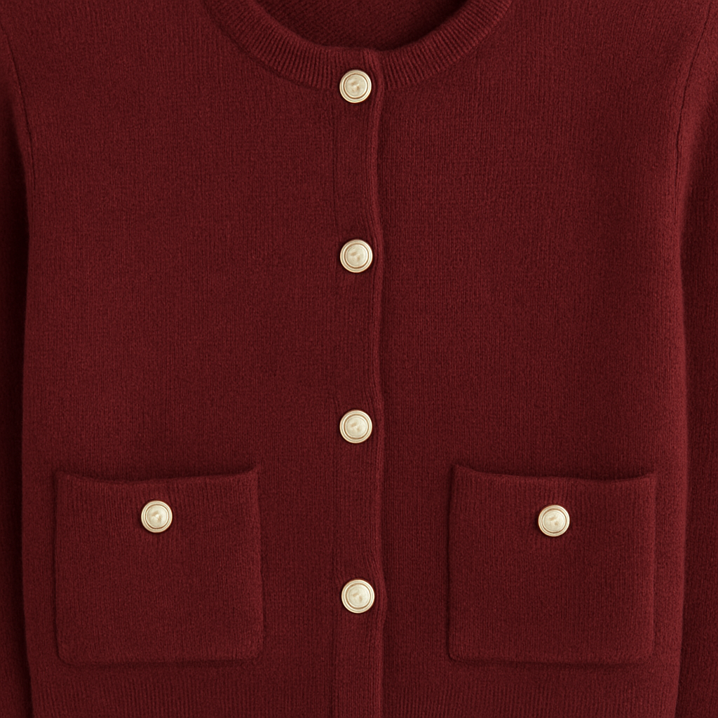 Cárdigan de punto burdeos con botones dorados, cuello redondo y bolsillos delanteros