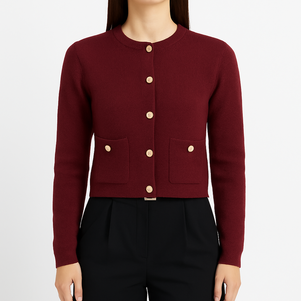 Cárdigan de punto burdeos con botones dorados, cuello redondo y bolsillos delanteros