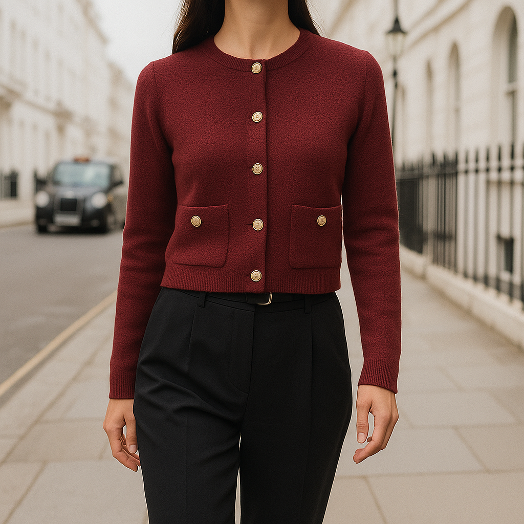 Cárdigan de punto burdeos con botones dorados, cuello redondo y bolsillos delanteros