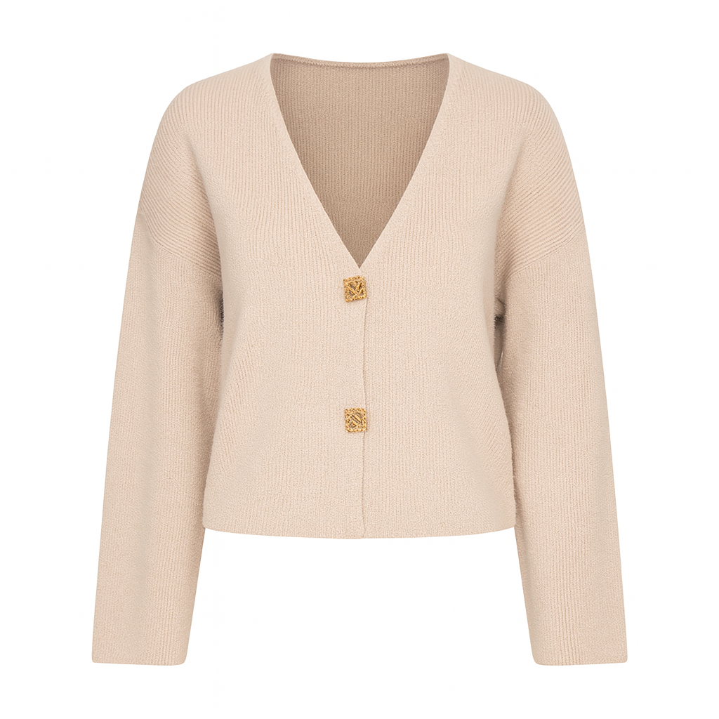 Cárdigan de punto beige con escote profundo en V y dos botones cuadrados dorados