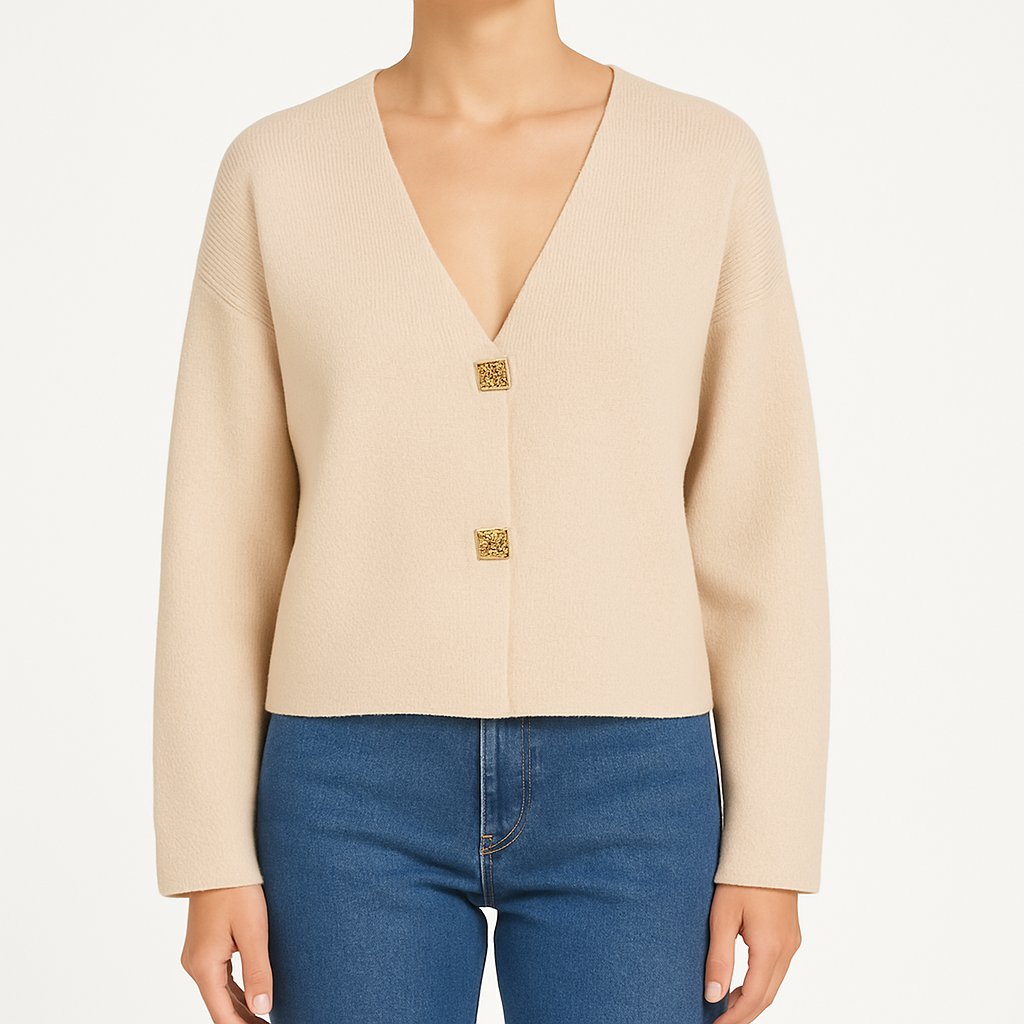 Cárdigan de punto beige con escote profundo en V y dos botones cuadrados dorados