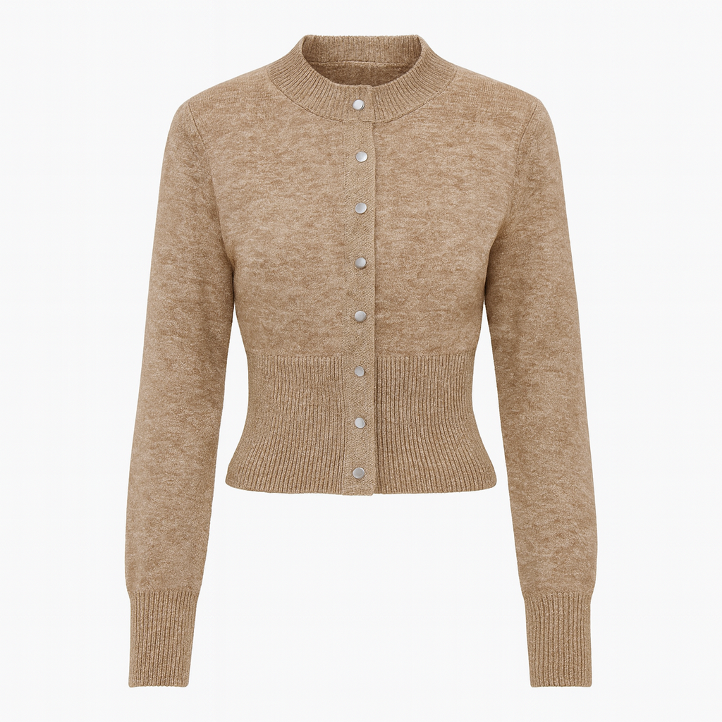Cárdigan de punto entallado color topo con cierre de botones y cintura definida