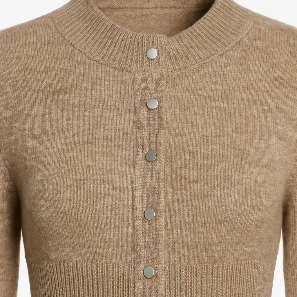 Cárdigan de punto entallado color topo con cierre de botones y cintura definida