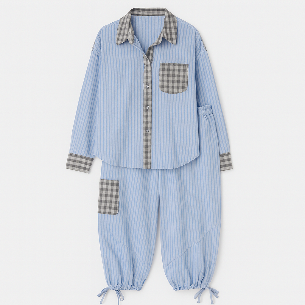 Conjunto lounge de camisa abotonada con rayas, ajuste relajado y textura suave, diseñado para comodidad diaria