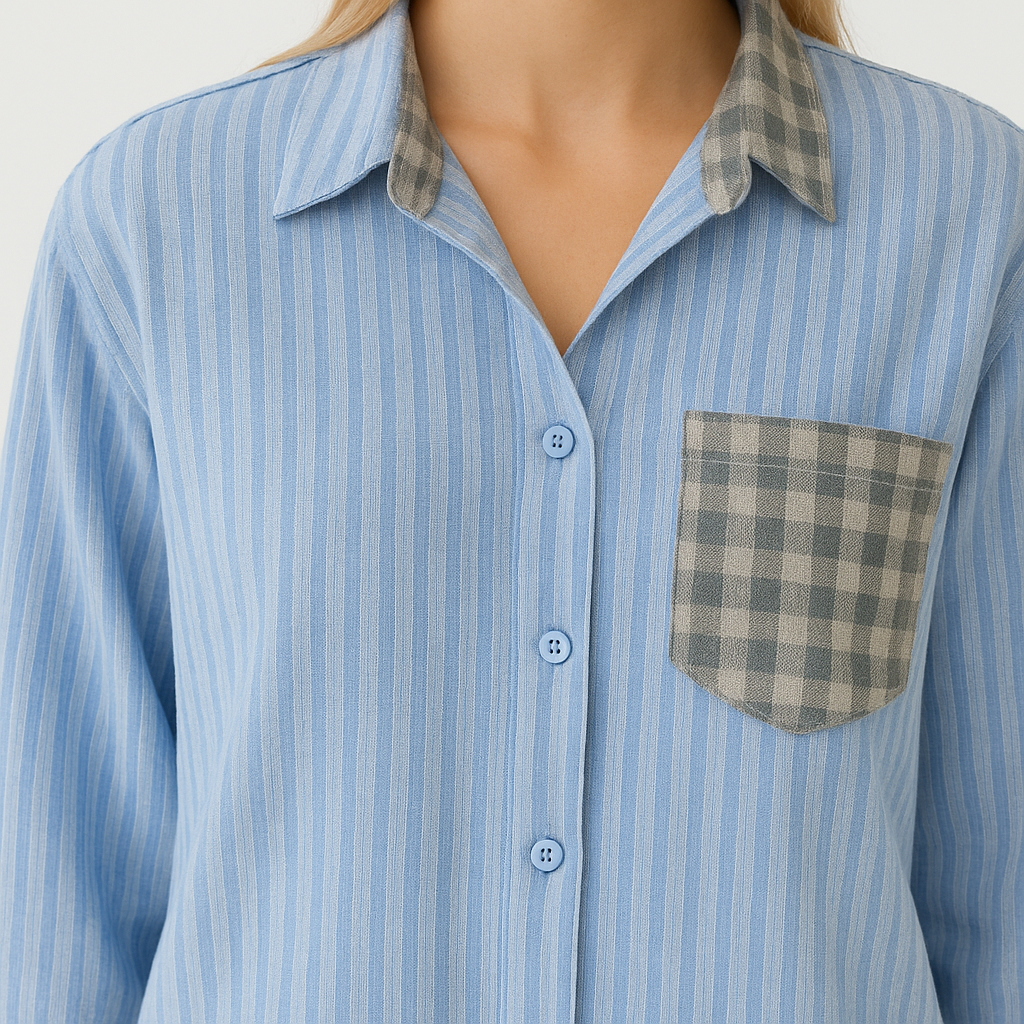 Conjunto lounge de camisa abotonada con rayas, ajuste relajado y textura suave, diseñado para comodidad diaria