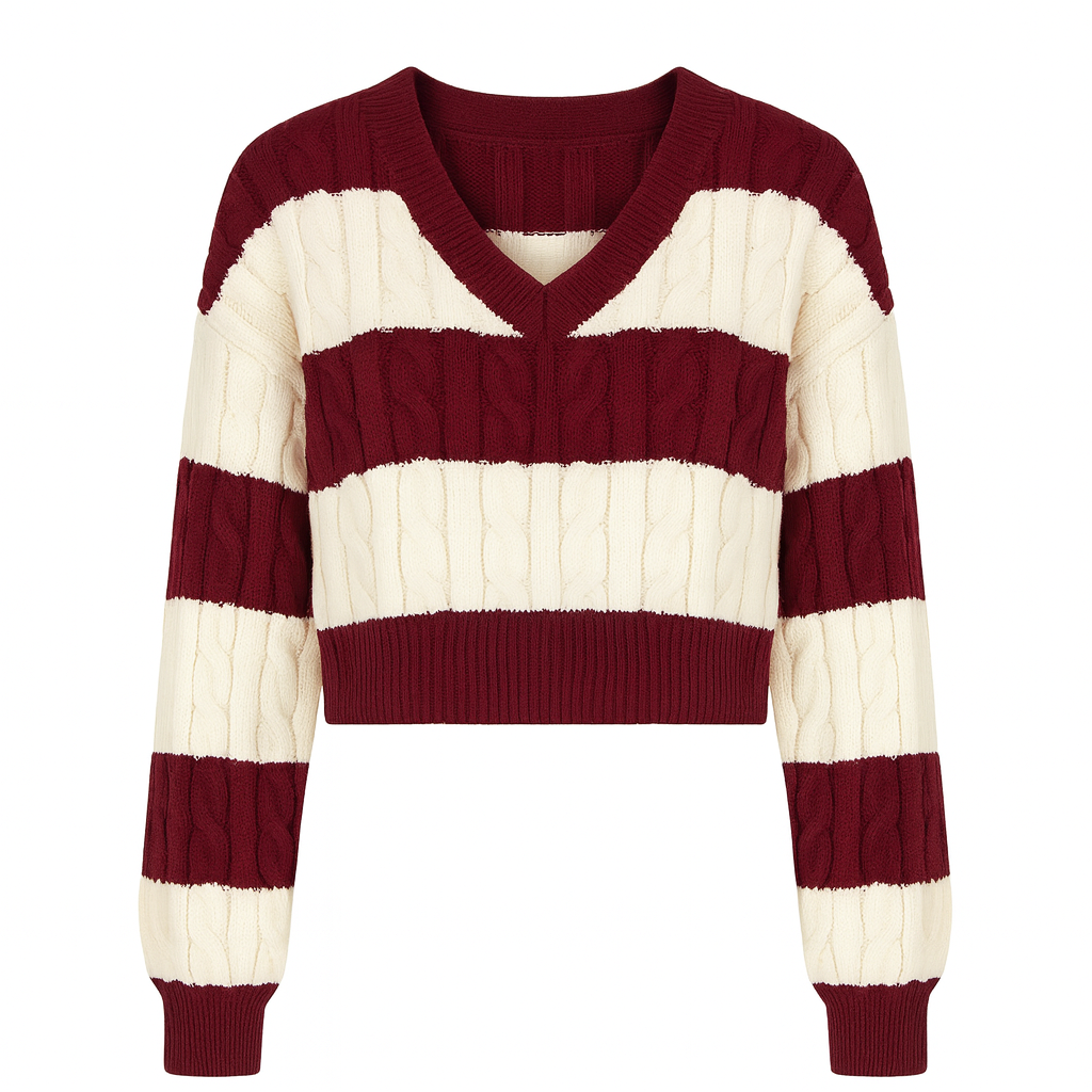 Suéter corto de punto a rayas burdeos y crema con textura trenzada y escote en V